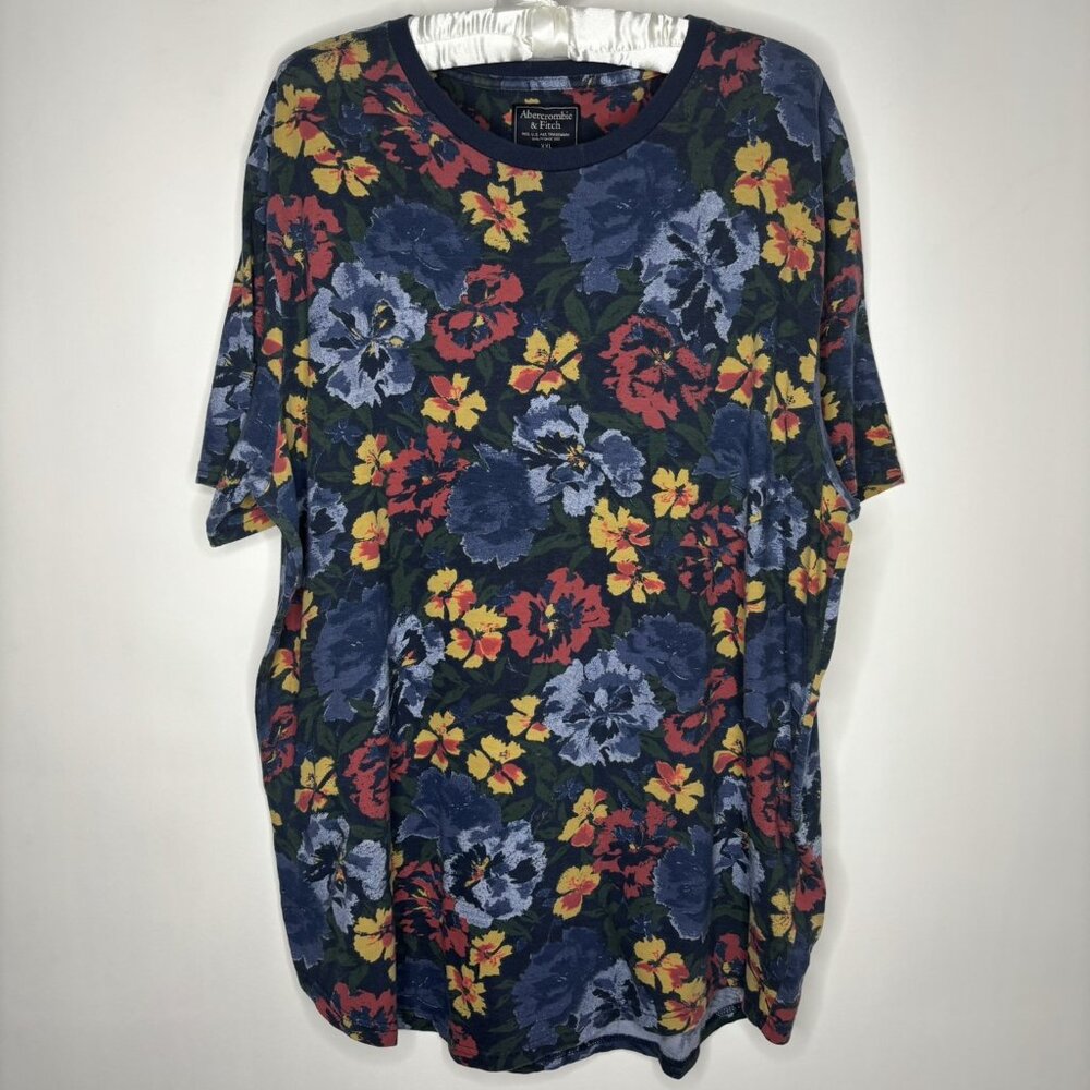 Abercrombie & Fitch T-Shirt Top Short Sleeve Multicolored Floral Navy Women XXL